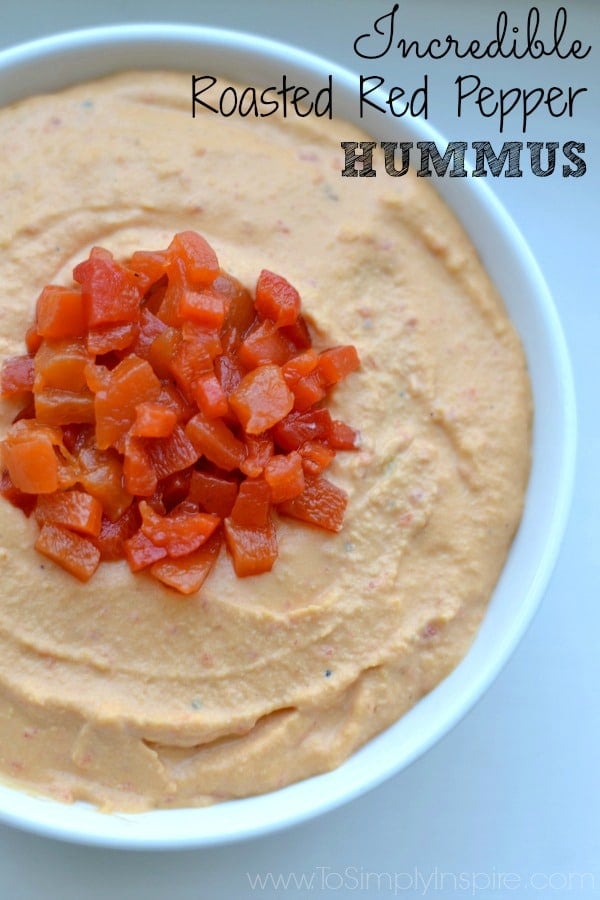 Roasted Red Pepper Hummus recipe in a white bowl