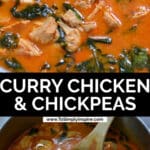 Savory and delicious - curry chicken and chickpeas cooking in a pot.