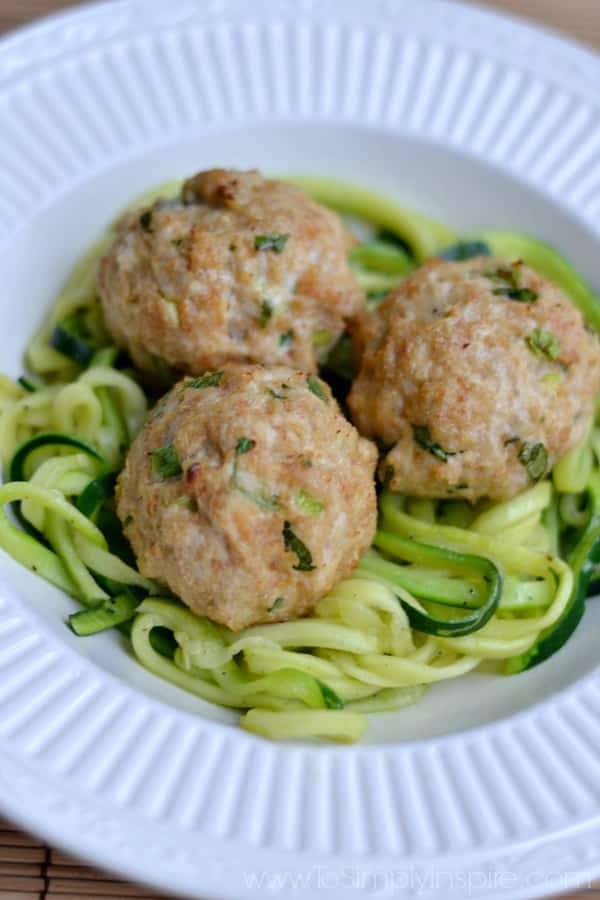three Asian Turkey Meatballs over zucchini noodles