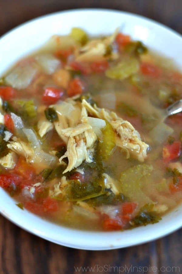 closeup of Cilantro Lime Chicken Soup in a white bowl