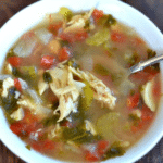 A bowl of Cilantro Lime Chicken Soup with shredded chicken, diced tomatoes, celery, onions, fresh herbs, and a spoon.