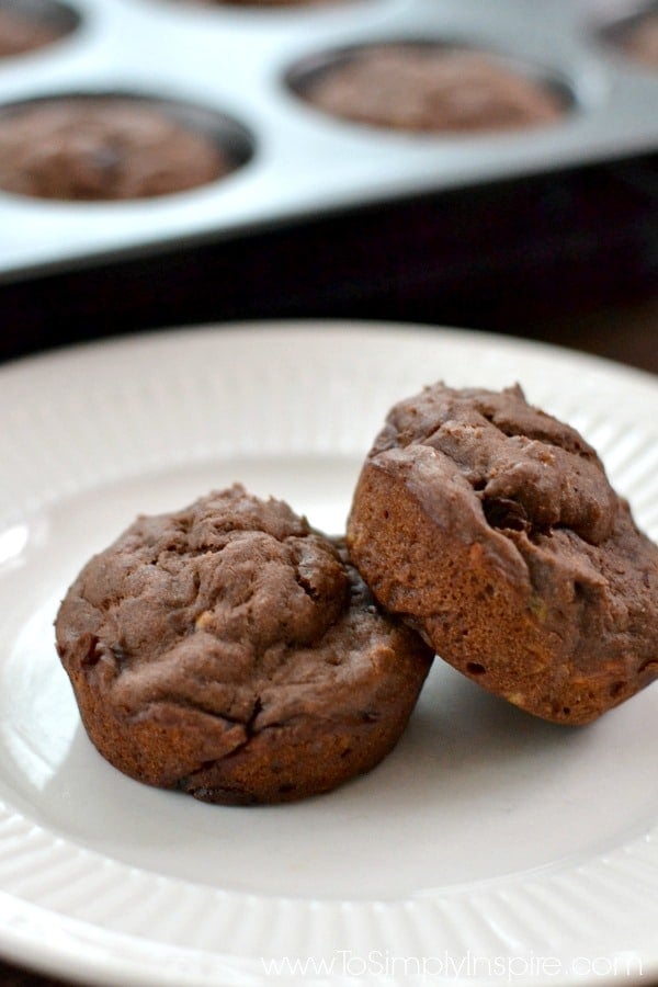 A close up of a two chocolate muffins on a plate, 