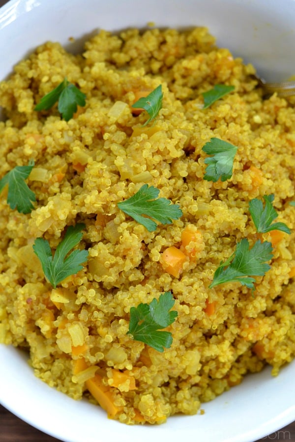 closeup of Curried Quinoa recipe topped with cilantro 