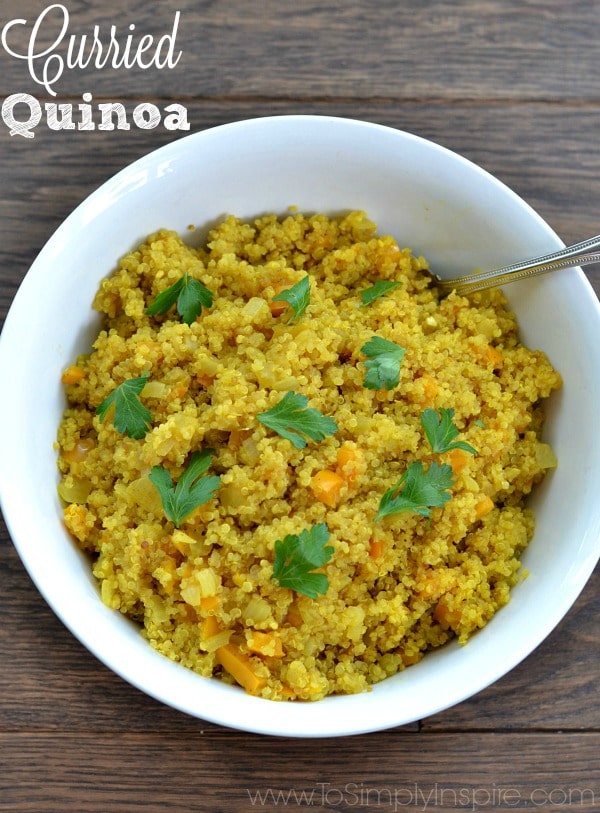 Curried Quinoa recipe in a white bowl.