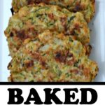 baked zucchini cakes on a white plate with text overlay