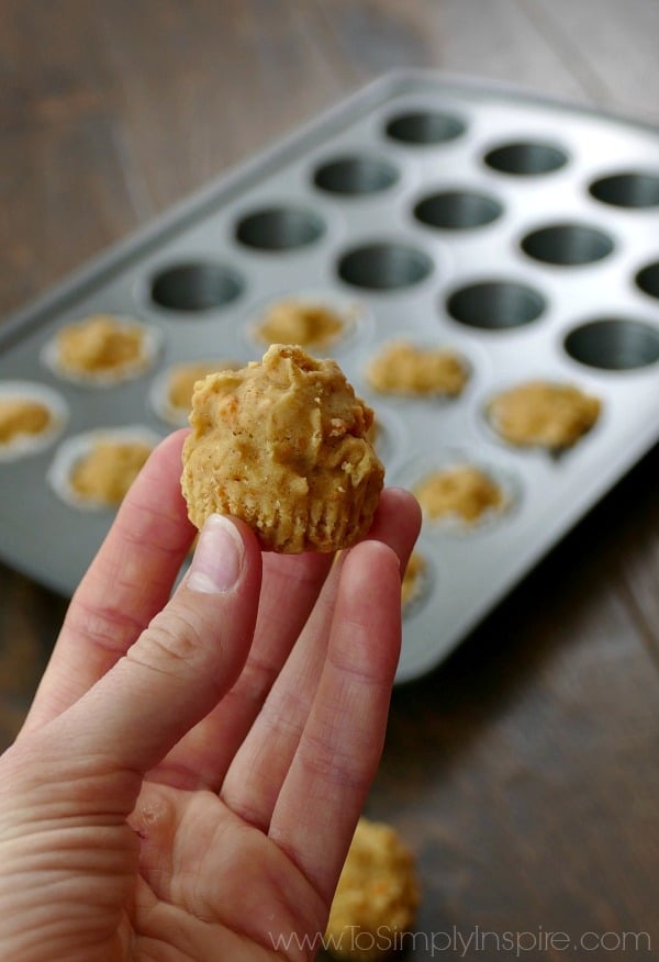 a mini carrot cake muffin held in fingers with a muffin tin in the background