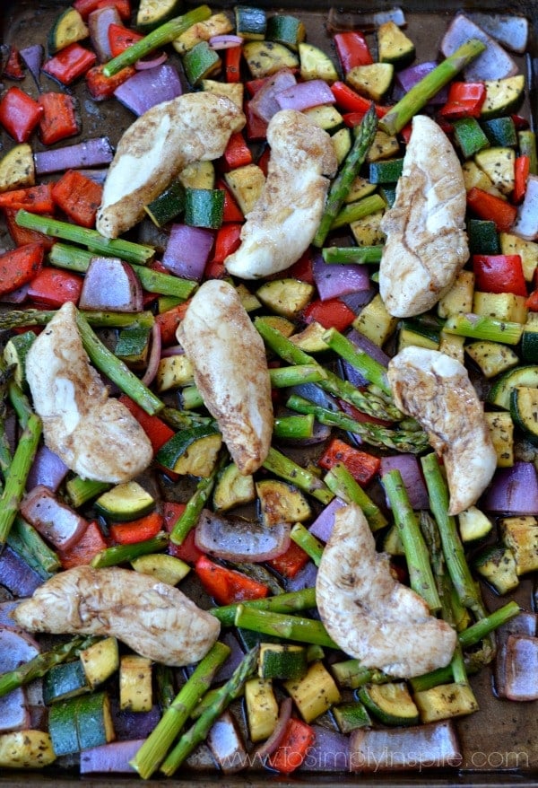 Balsamic Chicken tenders and Vegetables on a baking sheet