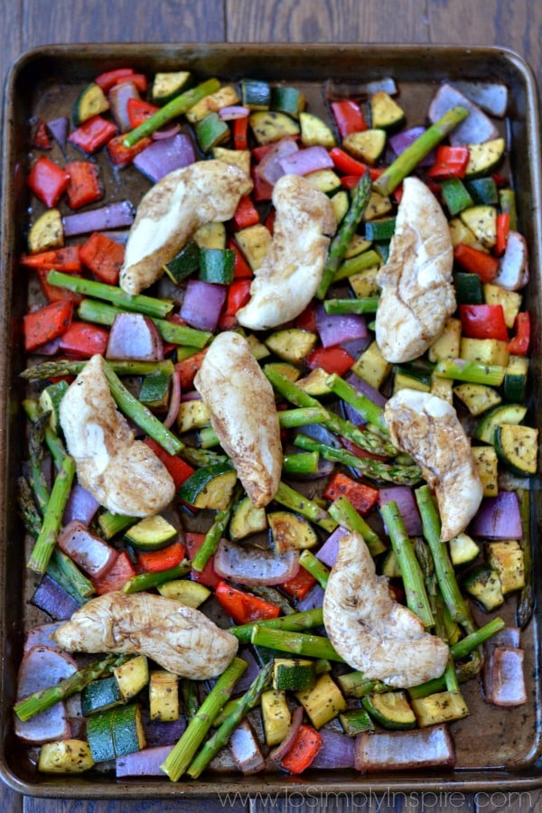 closeup of Balsamic Chicken and Vegetables recipe on a baking sheet