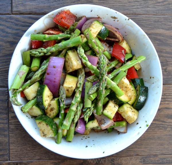 Uncooked Balsamic Chicken and Vegetables in a white bowl