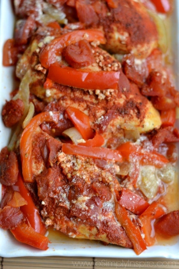A closeup of Chicken, sliced red bell peppers and paprika
