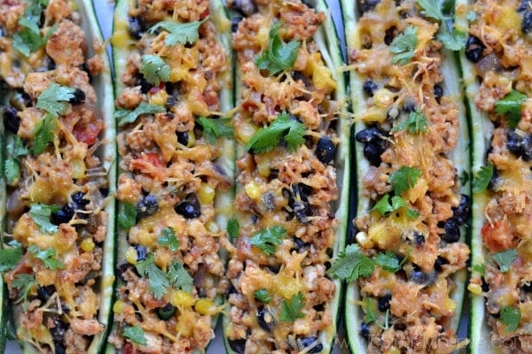 Closeup of Mexican Zucchini Boats recipe in a casserole dish