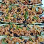 Closeup of Mexican Zucchini Boats recipe in a casserole dish