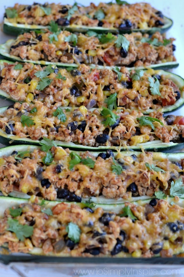 Closeup of Mexican Zucchini Boats recipe in a casserole dish