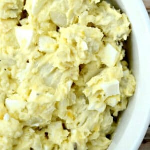 southern potato salad recipe in a white bowl