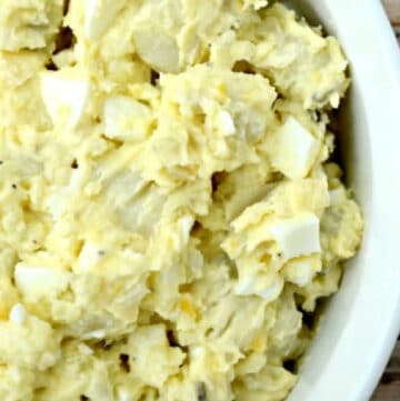 southern potato salad recipe in a white bowl