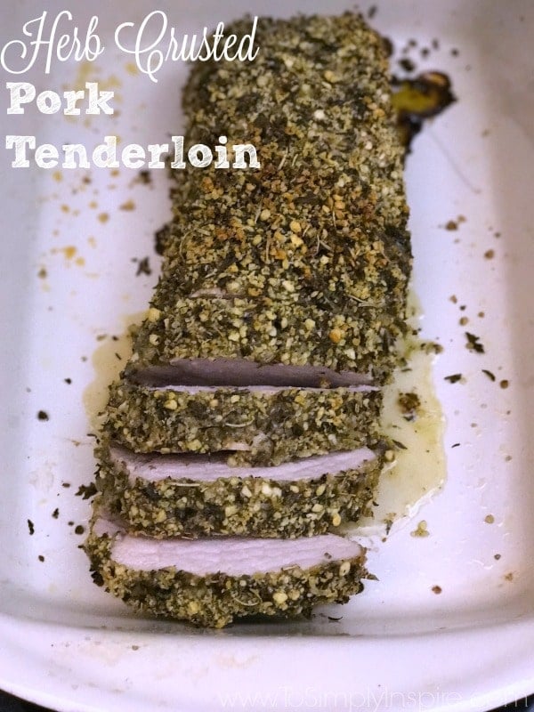 Herb Crusted Pork Tenderloin topped with bread crumbs and herbs