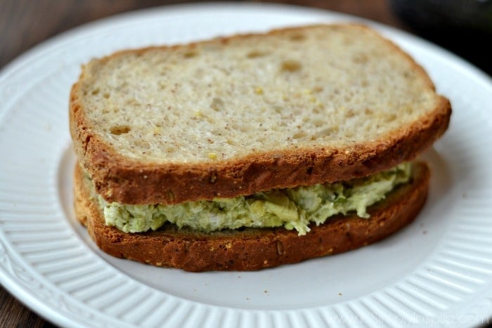 Closeup of Avocado Chicken Salad sandwich on a white plate.