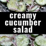 closeup of cucumber salad with thinly sliced onions and greek yogurt sauce with text overlay that reads creamy cucumber salad