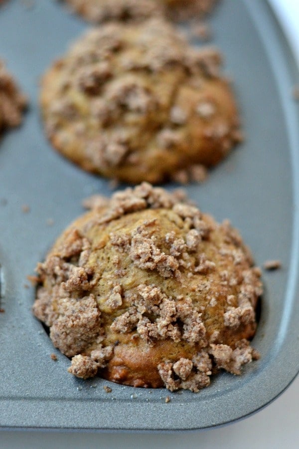closeup of two Coffee Cake Muffins in a muffin tin