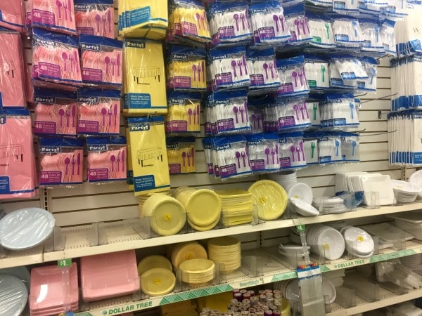 A display in a store of party plates, napkins and utensils 