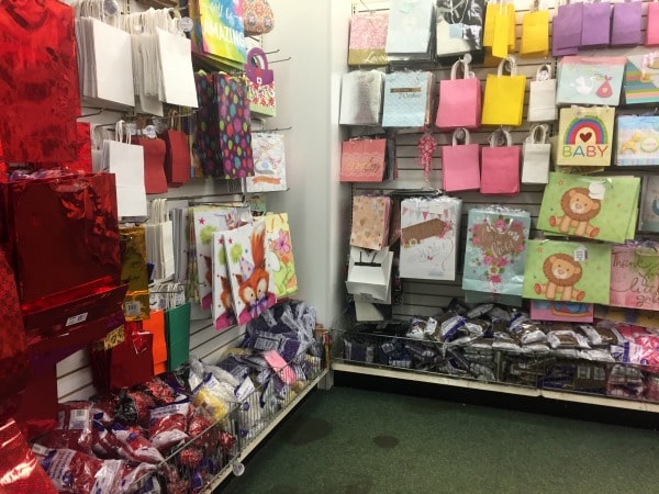 A display in a store of gift bags