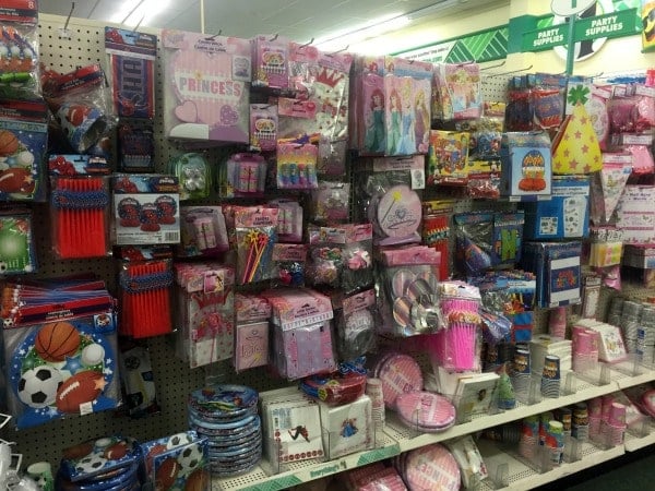 A bunch of  party supplies that are on display in a store