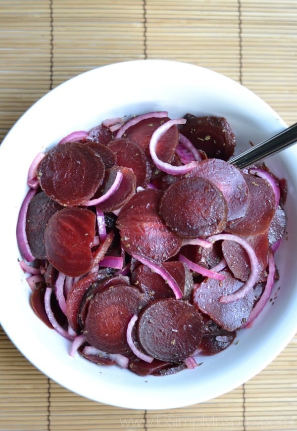 closeup of Roasted Beet Salad in a white bowl