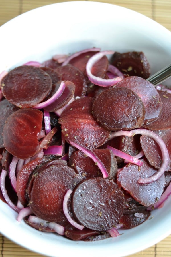 closeup of Roasted Beet Salad in a white bowl