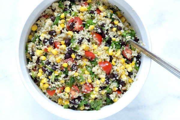 Southwest quinoa salad recipe in a white bowl