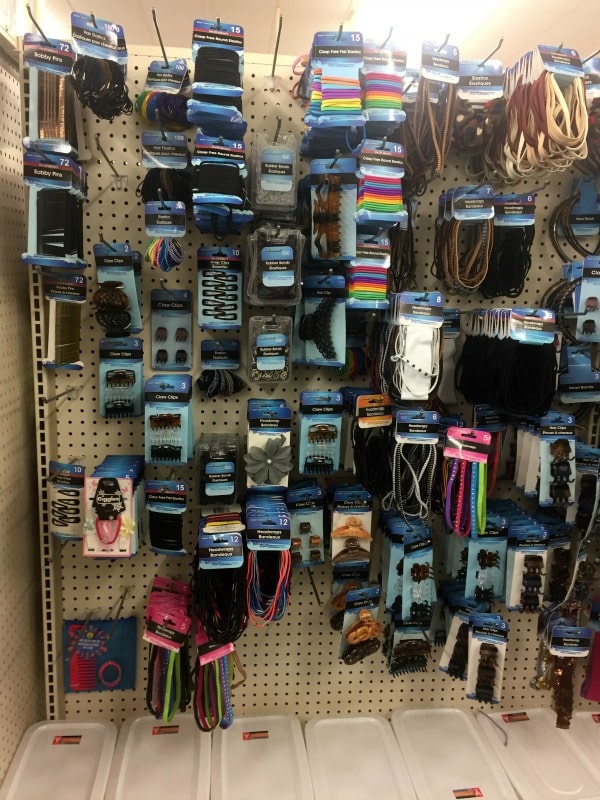 a Store display of hair elastics and clips