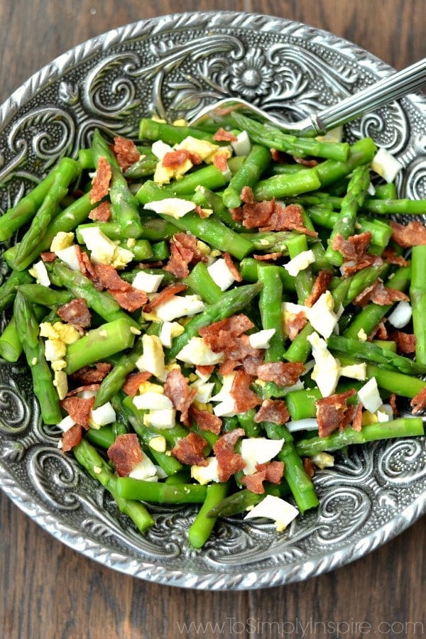 Asparagus Bacon and Egg Salad with Dijon Vinaigrette recipe in a big silver bowl