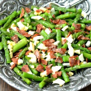 A bowl of Asparagus Bacon and Egg Salad with Dijon Vinaigrette recipe