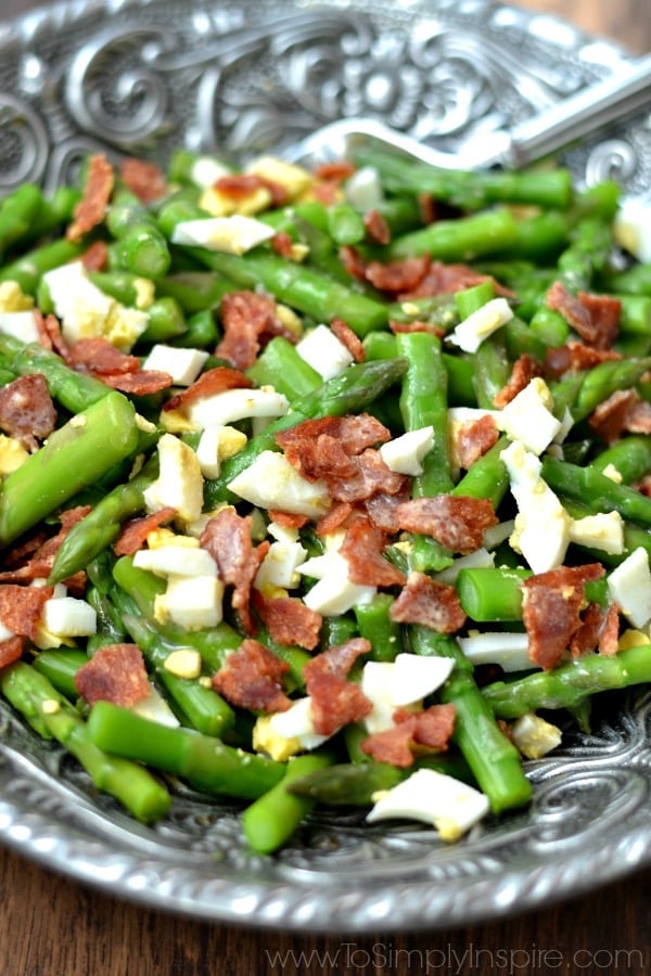 Asparagus Bacon and Egg Salad with Dijon Vinaigrette recipe in a big silver bowl