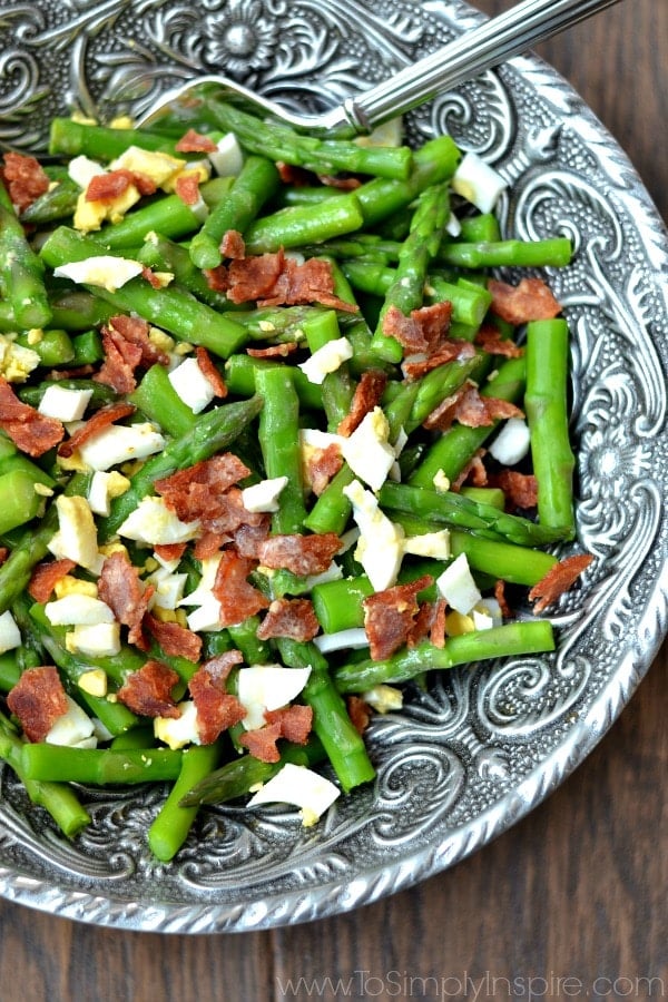 Asparagus Bacon and Egg Salad with Dijon Vinaigrette recipe in a big silver bowl