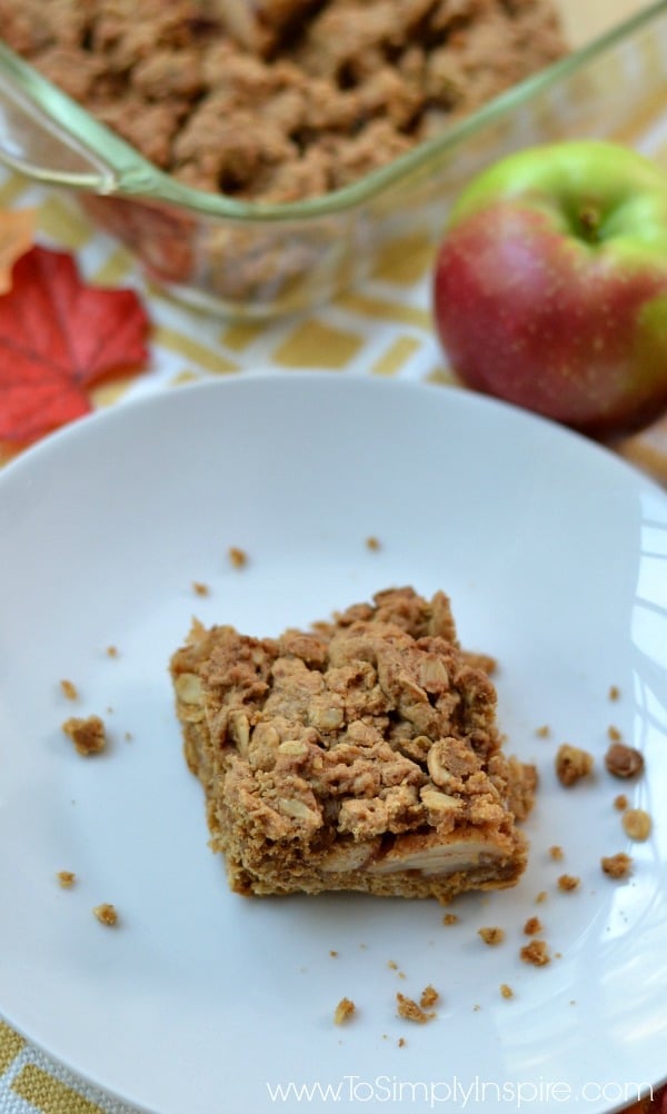 Apple Oatmeal Crumb Bar on a white plate with an apple and dish in the background.