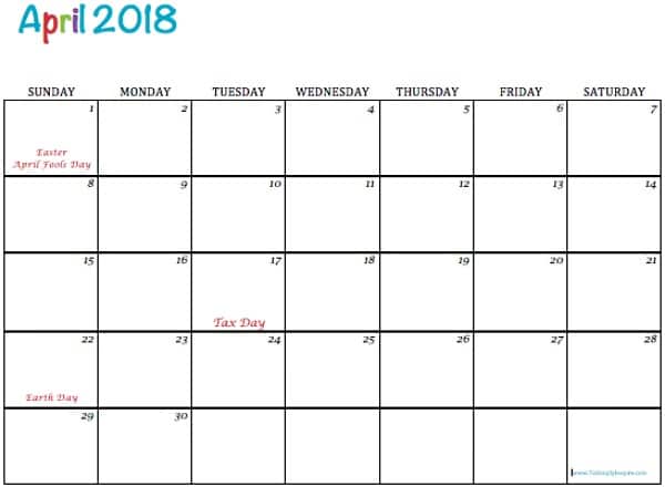 April 2018 blank printable calendar