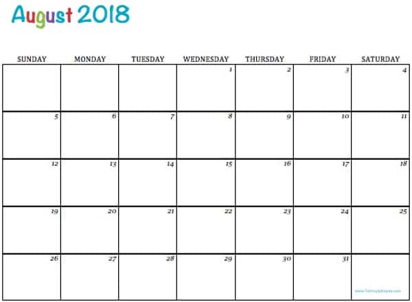 August 2018 blank printable calendar