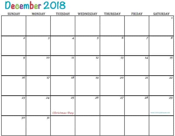 December 2018 blank printable calendar