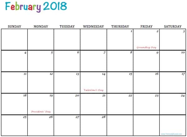 February 2018 blank calendar