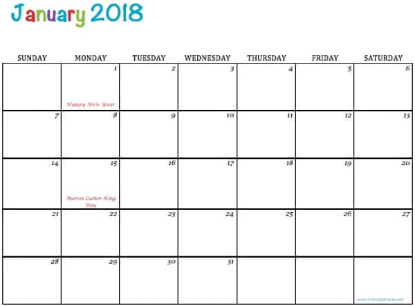 January 2018 blank printable calendar