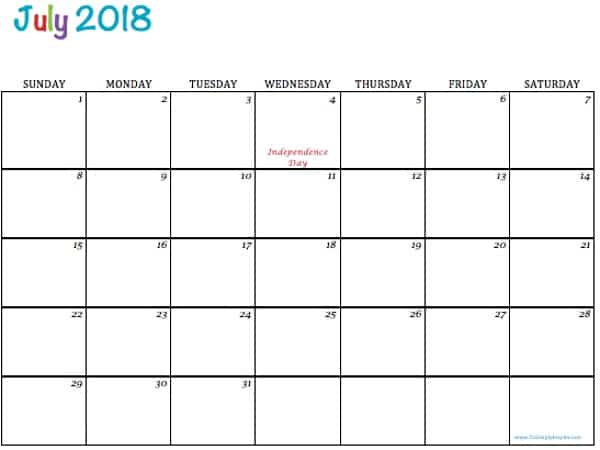 July 2018 blank printable calendar