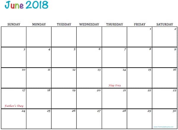 June 2018 blank printable calendar