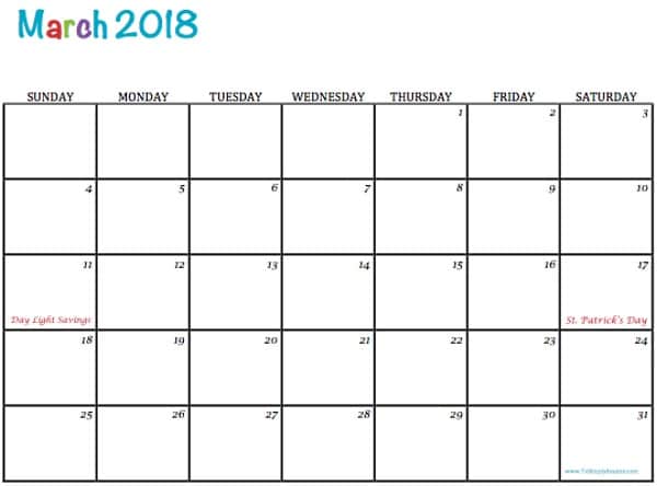 March 2018 blank printable calendar