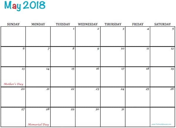 May 2018 blank printable calendar