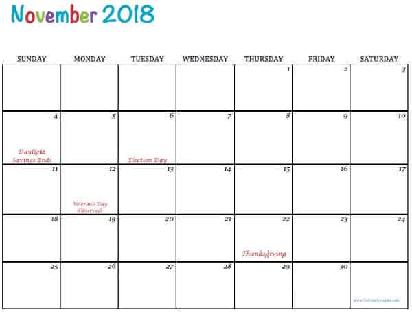 November 2018 blank printable calendar