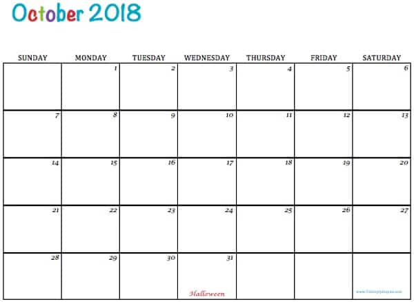 October 2018 blank printable calendar