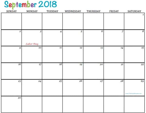 September 2018 blank printable calendar