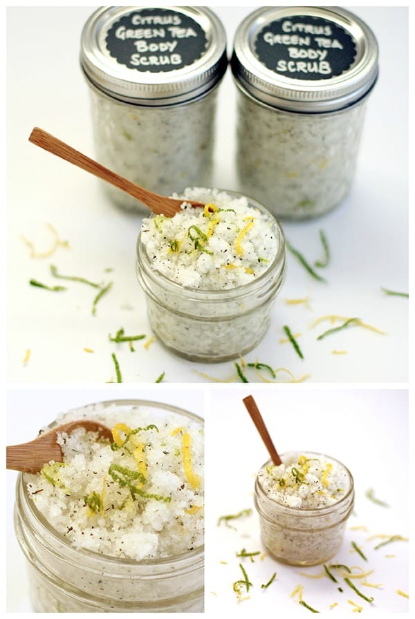 Citrus and Tea sugar scrub in a small mason jar with small wooden spoon