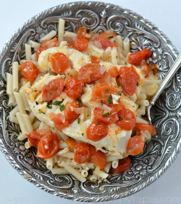 Cod with Tomato Basil Sauce recipe in a big silver bowl