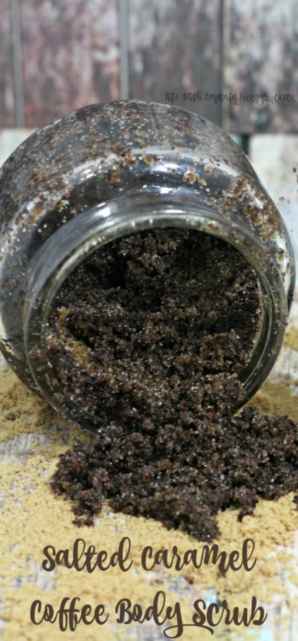 chocolate sugar scrub pouring out of a small mason jar